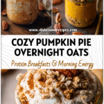 A jar of Pumpkin Pie Overnight Oats topped with pecan crumble and pumpkin spice for a cozy fall breakfast scene